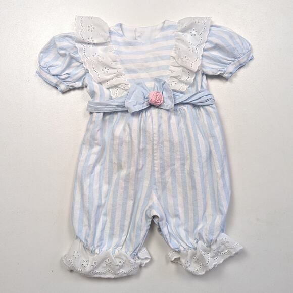 Vintage Nannette Romper Girls Size 12m Blue Stripe Rosette Bubble - Picture 1 of 7